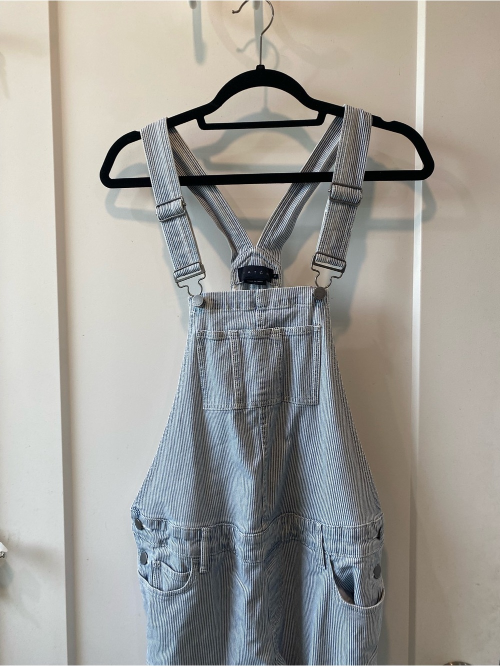 Hatch Light Blue Pinstriped Cotton Overalls Jumpsuit